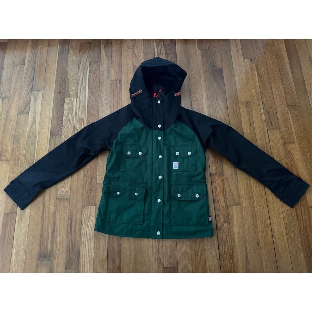 Topo Designs Jacket Women's Hooded Rain Made in USA Green and Black Size XS